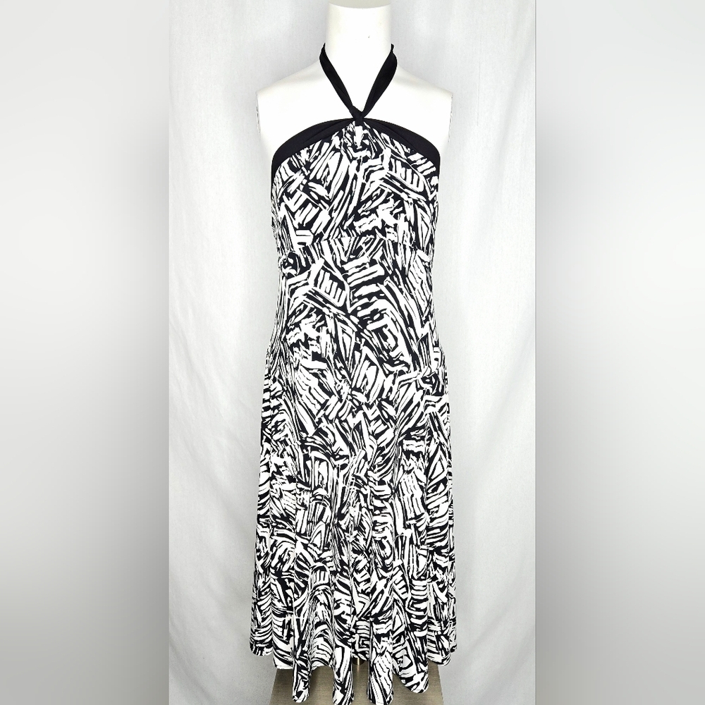 BCBGMAXAZRIA Abstract Design Halter A-Line Midi Dress Black & White Size L